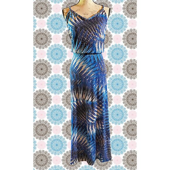 Coastal London Times Womens 14 Lined Halter Upper Blue Tropical Maxi Boho Dress - Picture 1 of 10